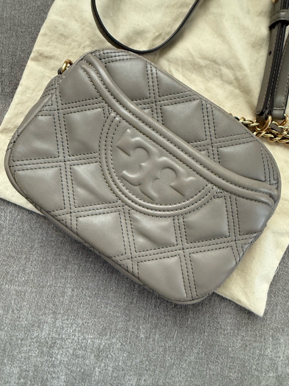 Gray Quilted Leather Crossbody Bag with Chain Strap - Picture 2 of 10